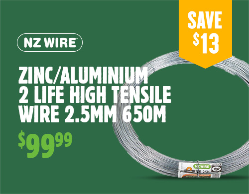NZ Wire zinc/aluminium 2 life high tensile wire 2.5mm 650m, $99.99.