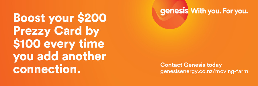 Boost your $200 Prezzy Card by $100 every time you add another connection. Contact Genesis today at genesisenergy.co.nz/movingfarm