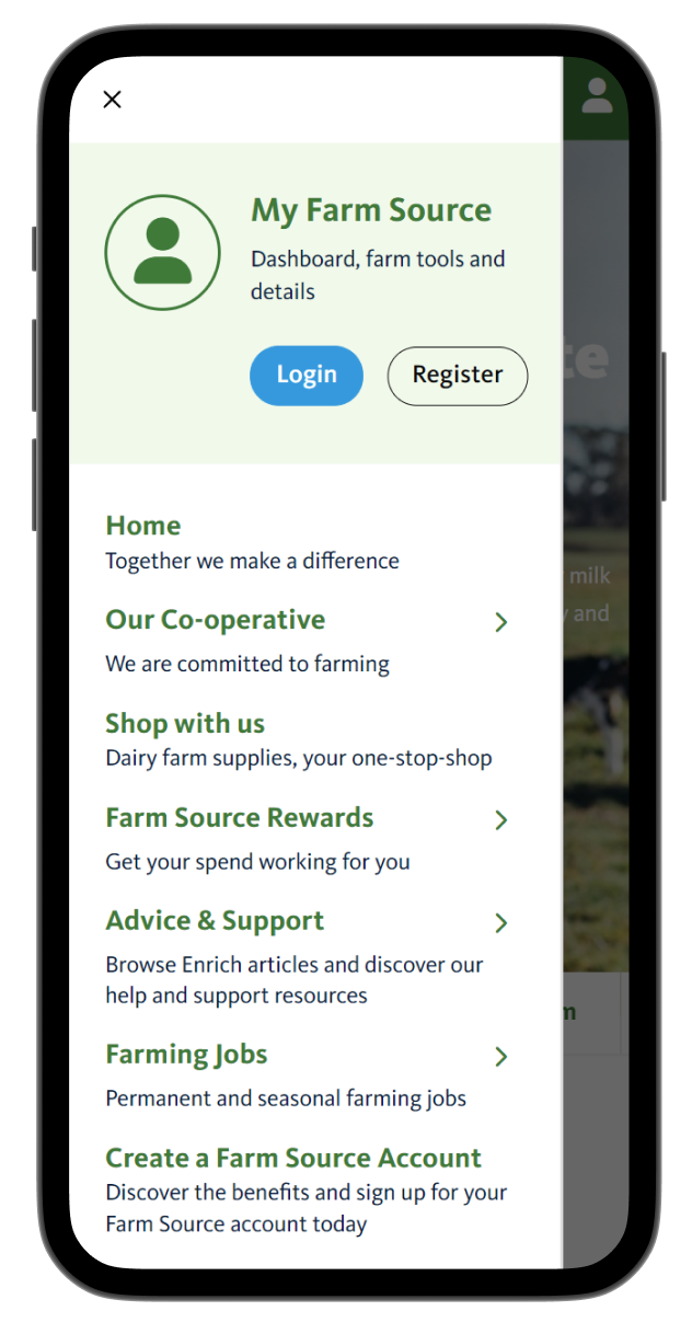 Screenshot of mobile menu