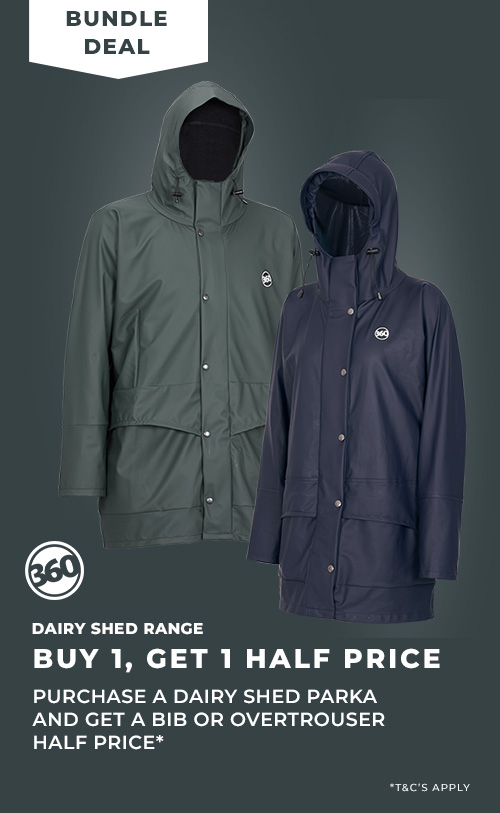 Buy a Dairy Shed Parka and get 50 percent off Bibs or Overtrousers