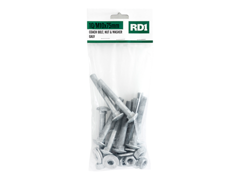 RD1 Coach Bolt & Nut M10 x 75mm 10 Pack