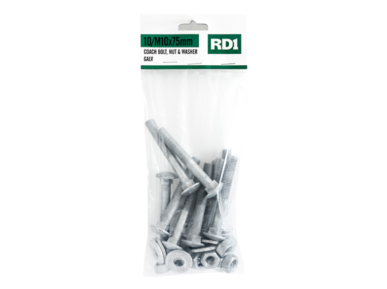 RD1 Coach Bolt & Nut M10 x 75mm 10 Pack